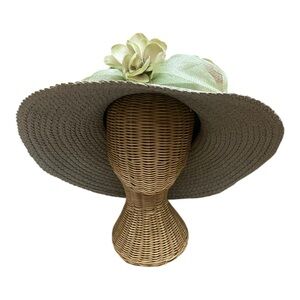 April Cornell Womens Wide Brim Straw Hat Magnolia Flower Derby Church Easter Hat